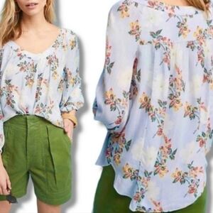 Maeve By Anthropologie Boho Cottagecore Floral V Neck Peasant Top Blue Oversized